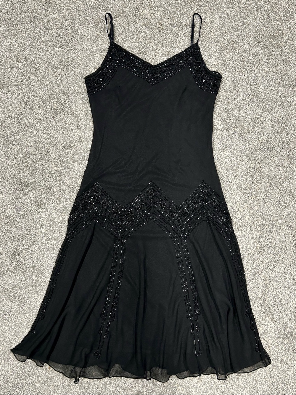 Vintage 90s Black Beaded Slip Dress Evening Formal Flapper Drop Waist JKara M